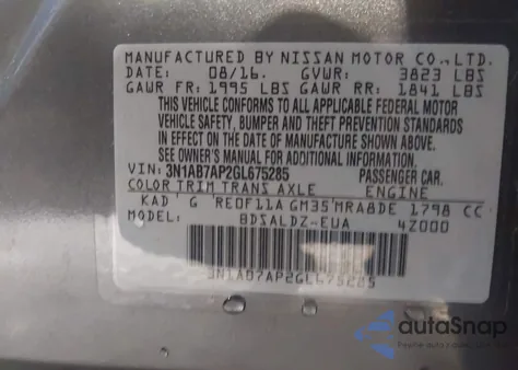 2016 Nissan Sentra Sv from USA, damaged, VIN 3N1AB7AP2GL675285